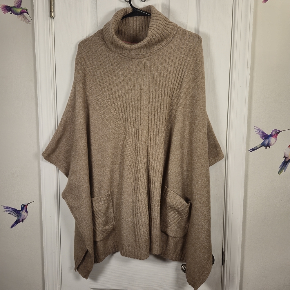 Isaac Mizrahi Live! Camel Ribbed Turtleneck Poncho | Cozy Statement Knit Travel